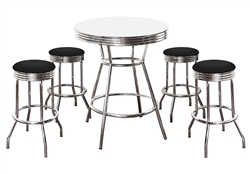 5 Piece Retro White Bistro Bar Table & Pub Set With 4 Barstools Retro Chrome Hardwood Top Traditional Soda Fountain Style man cave mancave Dining