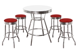 Custom Bar Table Pub Set Barstool Barstools Stool Stools Red Vinyl Retro Chrome Hardwood Top Traditional Soda Fountain Style dorm table set kitchen table set apartment table set furniture man cave mancave