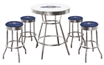 5 Piece White Pub/Bar Table Set Featuring the Milwaukee Brewers MLB Team Logo Decal with a Glass Top and 4 - 29" Tall Stools with Team Logo Decals on Blue Vinyl Covered Seat Cushions