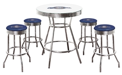 5 Piece White Pub/Bar Table Set Featuring the Milwaukee Brewers MLB Team Logo Decal with a Glass Top and 4 - 29" Tall Stools with Team Logo Decals on Blue Vinyl Covered Seat Cushions