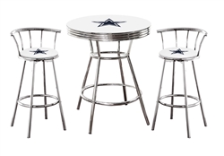 Bar Table Set 3 Piece with a White Table Featuring the Dallas Cowboys NFL Team Logo Decal and 2-29" Tall Swivel Seat Stools with Backrests and the Team Logo on White Vinyl Covered Seat Cushions