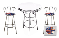 Bar Table Set 3 Piece with a White Pub Table and 2-29" Tall  Finish Bar Stools with Backrests Featuring the Chicago Cubs MLB Fleece Team Fabric and Clear Vinyl Covered Seat Cushions