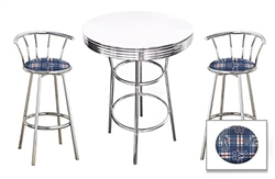Bar Table Set 3 Piece with a White Pub Table and 2-29" Tall  Finish Bar Stools with Backrests Featuring the Los Angeles Dodgers MLB Fleece Team Fabric and Clear Vinyl Covered Seat Cushions