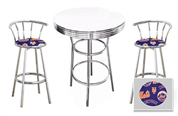 Bar Table Set 3 Piece with a White Pub Table and 2-29" Tall  Finish Bar Stools with Backrests Featuring the New York Mets MLB Fleece Team Fabric and Clear Vinyl Covered Seat Cushions