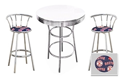 Bar Table Set 3 Piece with a White Pub Table and 2-29" Tall  Finish Bar Stools with Backrests Featuring the Boston Red Sox MLB Fleece Team Fabric and Clear Vinyl Covered Seat Cushions