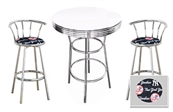 Bar Table Set 3 Piece with a White Pub Table and 2-29" Tall  Finish Bar Stools with Backrests Featuring the New York Yankees MLB Fleece Team Fabric and Clear Vinyl Covered Seat Cushions