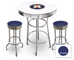 White 3-Piece Pub/Bar Table Set Featuring the Houston Astros MLB Team Logo Decal and 2 Blue Vinyl Covered Swivel Seat Cushions