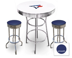 White 3-Piece Pub/Bar Table Set Featuring the Toronto Blue Jays MLB Team Logo Decal and 2 Blue Vinyl Covered Swivel Seat Cushions