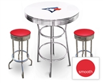 White 3-Piece Pub/Bar Table Set Featuring the Toronto Blue Jays MLB Team Logo Decal and 2 Red Vinyl Covered Swivel Seat Cushions