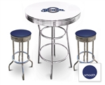 White 3-Piece Pub/Bar Table Set Featuring the Milwaukee Brewers MLB Team Logo Decal and 2 Blue Vinyl Covered Swivel Seat Cushions