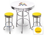 White 3-Piece Pub/Bar Table Set Featuring the Miami Marlins MLB Team Logo Decal and 2 Yellow Vinyl Covered Swivel Seat Cushions