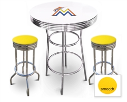 White 3-Piece Pub/Bar Table Set Featuring the Miami Marlins MLB Team Logo Decal and 2 Yellow Vinyl Covered Swivel Seat Cushions