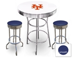 White 3-Piece Pub/Bar Table Set Featuring the New York Mets MLB Team Logo Decal and 2 Blue Vinyl Covered Swivel Seat Cushions