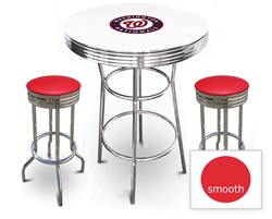 White 3-Piece Pub/Bar Table Set Featuring the Washington Nationals MLB Team Logo Decal and 2 Red Vinyl Covered Swivel Seat Cushions