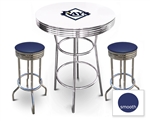 White 3-Piece Pub/Bar Table Set Featuring the Tampa Bay Rays MLB Team Logo Decal and 2 Blue Vinyl Covered Swivel Seat Cushions