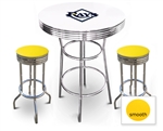 White 3-Piece Pub/Bar Table Set Featuring the Tampa Bay Rays MLB Team Logo Decal and 2 Yellow Vinyl Covered Swivel Seat Cushions