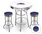 White 3-Piece Pub/Bar Table Set Featuring the Colorado Rockies MLB Team Logo Decal and 2 Blue Vinyl Covered Swivel Seat Cushions