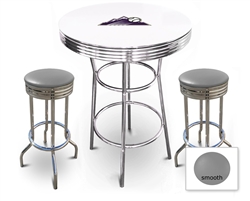 White 3-Piece Pub/Bar Table Set Featuring the Colorado Rockies MLB Team Logo Decal and 2 Gray Vinyl Covered Swivel Seat Cushions