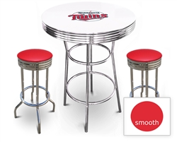 White 3-Piece Pub/Bar Table Set Featuring the Minnesota Twins MLB Team Logo Decal and 2 Red Vinyl Covered Swivel Seat Cushions