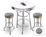 White 3-Piece Pub/Bar Table Set Featuring the Chicago White Sox MLB Team Logo Decal and 2 Gray Vinyl Covered Swivel Seat Cushions