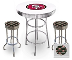 White 3-Piece Pub/Bar Table Set Featuring the San Francisco 49er's NFL Team Logo Decal and 2-29" Team Fabric and Clear Vinyl Covered Swivel Seat Cushions