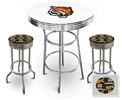 White 3-Piece Pub/Bar Table Set Featuring the Cincinnati Bengals Face NFL Team Logo Decal and 2-29" Team Fabric and Clear Vinyl Covered Swivel Seat Cushions
