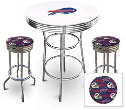 White 3-Piece Pub/Bar Table Set Featuring the Buffalo Bills NFL Team Logo Decal and 2-29" Team Fabric and Clear Vinyl Covered Swivel Seat Cushions