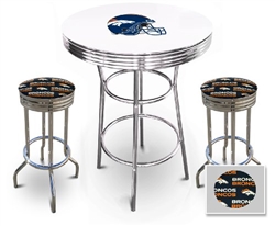 White 3-Piece Pub/Bar Table Set Featuring the Denver Broncos Helmet NFL Team Logo Decal and 2-29" Team Fabric and Clear Vinyl Covered Swivel Seat Cushions