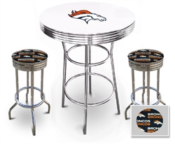 White 3-Piece Pub/Bar Table Set Featuring the Denver Broncos NFL Team Logo Decal and 2-29" Team Fabric and Clear Vinyl Covered Swivel Seat Cushions
