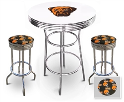 White 3-Piece Pub/Bar Table Set Featuring the Cleveland Browns NFL Team Logo Decal and 2-29" Team Fabric and Clear Vinyl Covered Swivel Seat Cushions
