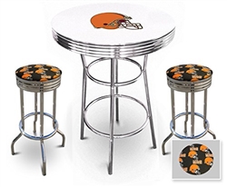 White 3-Piece Pub/Bar Table Set Featuring the Cleveland Browns Helmet NFL Team Logo Decal and 2-29" Team Fabric and Clear Vinyl Covered Swivel Seat Cushions