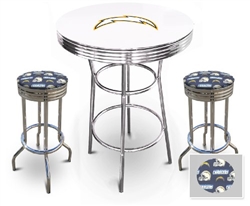 White 3-Piece Pub/Bar Table Set Featuring the San Diego Chargers NFL Team Logo Decal and 2-29" Team Fabric and Clear Vinyl Covered Swivel Seat Cushions
