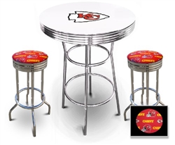 White 3-Piece Pub/Bar Table Set Featuring the Kansas City Chiefs NFL Team Logo Decal and 2-29" Team Fabric and Clear Vinyl Covered Swivel Seat Cushions