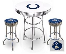 White 3-Piece Pub/Bar Table Set Featuring the Indianapolis Colts NFL Team Logo Decal and 2-29" Team Fabric and Clear Vinyl Covered Swivel Seat Cushions