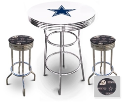 White 3-Piece Pub/Bar Table Set Featuring the Dallas Cowboys NFL Team Logo Decal and 2-29" Team Fabric and Clear Vinyl Covered Swivel Seat Cushions