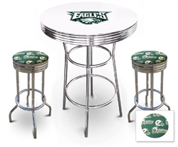 White 3-Piece Pub/Bar Table Set Featuring the Philadelphia Eagles NFL Team Logo Decal and 2-29" Team Fabric and Clear Vinyl Covered Swivel Seat Cushions