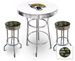 White 3-Piece Pub/Bar Table Set Featuring the Jacksonville Jaguars NFL Team Logo Decal and 2-29" Team Fabric and Clear Vinyl Covered Swivel Seat Cushions