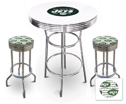 White 3-Piece Pub/Bar Table Set Featuring the New York Jets NFL Team Logo Decal and 2-29" Team Fabric and Clear Vinyl Covered Swivel Seat Cushions