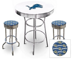White 3-Piece Pub/Bar Table Set Featuring the Detriot Lions NFL Team Logo Decal and 2-29" Team Fabric and Clear Vinyl Covered Swivel Seat Cushions