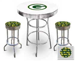 White 3-Piece Pub/Bar Table Set Featuring the Green Bay Packers NFL Team Logo Decal and 2-29" Team Fabric and Clear Vinyl Covered Swivel Seat Cushions