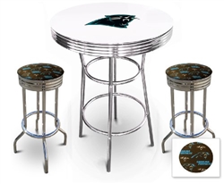 White 3-Piece Pub/Bar Table Set Featuring the Carolina Panthers NFL Team Logo Decal and 2-29" Team Fabric and Clear Vinyl Covered Swivel Seat Cushions
