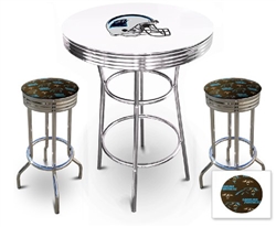 White 3-Piece Pub/Bar Table Set Featuring the Carolina Panthers Helmet NFL Team Logo Decal and 2-29" Team Fabric and Clear Vinyl Covered Swivel Seat Cushions