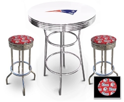 White 3-Piece Pub/Bar Table Set Featuring the New England Patriots NFL Team Logo Decal and 2-29" Team Fabric and Clear Vinyl Covered Swivel Seat Cushions