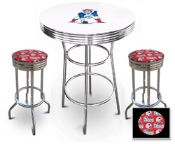 White 3-Piece Pub/Bar Table Set Featuring the New England Patriots Guard NFL Team Logo Decal and 2-29" Team Fabric and Clear Vinyl Covered Swivel Seat Cushions