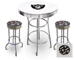 White 3-Piece Pub/Bar Table Set Featuring the Oakland Raiders NFL Team Logo Decal and 2-29" Team Fabric and Clear Vinyl Covered Swivel Seat Cushions