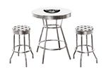 White 3-Piece Pub/Bar Table Set Featuring the Oakland Raiders White NFL Team Logo Decal and 2-29" Team Fabric and Clear Vinyl Covered Swivel Seat Cushions