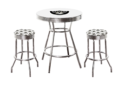 White 3-Piece Pub/Bar Table Set Featuring the Oakland Raiders White NFL Team Logo Decal and 2-29" Team Fabric and Clear Vinyl Covered Swivel Seat Cushions