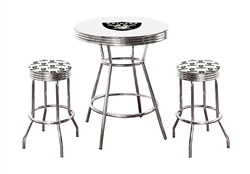 White 3-Piece Pub/Bar Table Set Featuring the Oakland Raiders White NFL Team Logo Decal and 2-29" Team Fabric and Clear Vinyl Covered Swivel Seat Cushions