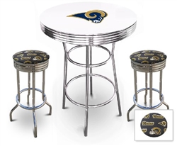 White 3-Piece Pub/Bar Table Set Featuring the St. Louis Rams NFL Team Logo Decal and 2-29" Team Fabric and Clear Vinyl Covered Swivel Seat Cushions