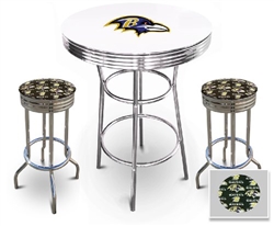 White 3-Piece Pub/Bar Table Set Featuring the Baltimore Ravens NFL Team Logo Decal and 2-29" Team Fabric and Clear Vinyl Covered Swivel Seat Cushions